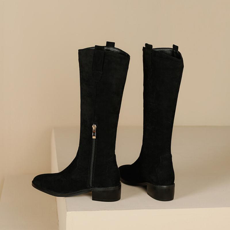 

New Korean version large size fashion boots women s sleeve solid color round head comfortable women s boots rubber sole medium heel high boots women 39 чёрный