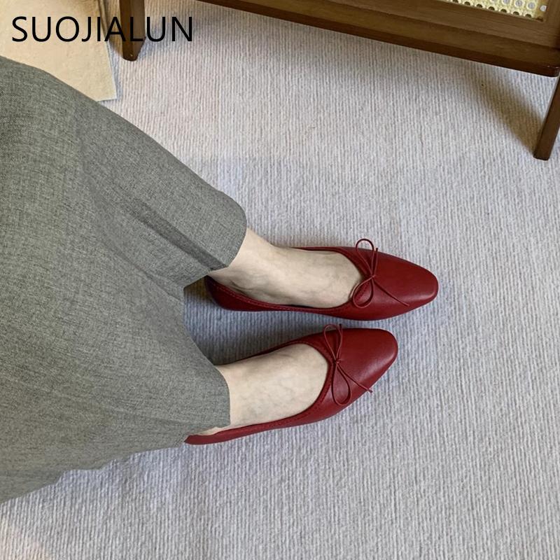 Fashion SUOJIALUN 2025 Spring New Women Flat Shoes Fashion Round Toe Bow-knot Slip On Ladies Ballerina Soft Flat Heel Dress Boat Shoes