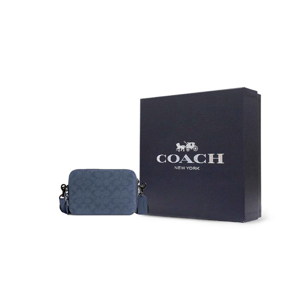 Coach Charter 19 Classic Monogram Double Zipper Closure Fabric And Leather Shoulder Crossbody Bag Small Men Bags Washed-Blue CU206-D61