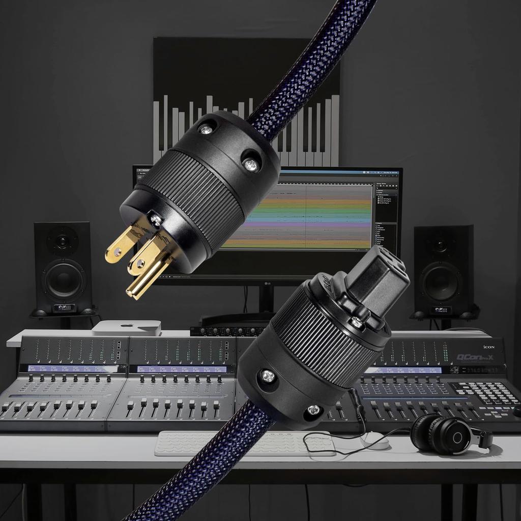 HiFi Power Braided Sleeved Amplifier Power Copper Shielded and Layered OD Audiophile High End AC Power Cable with 24K Gold Plated US Cable, Cord,