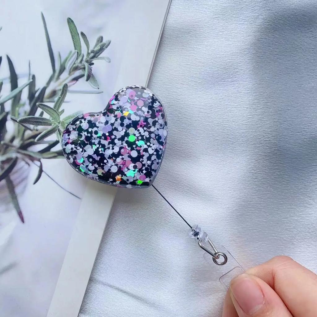 Shine Heart Retractable Badge Reel Lanyards ID Name Card Badge Holder Nurse Student Employee Card Alligator Clip Office Supplies