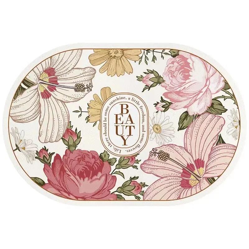 40X60CM Oval Crystal Velvet Carpet Garden Flower Style Bathroom Toilet Living Room Room Door Non-Slip Mat