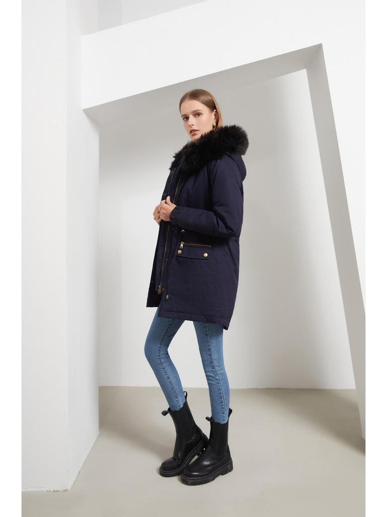 Women's Fleece-Lined Hooded Parka with Fur Collar - Warm Loose-Fit Cotton Jacket, European Size (2021 Autumn/Winter Collection)