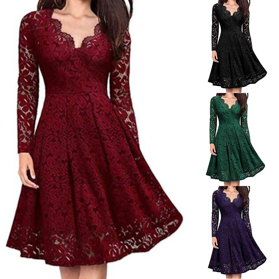 Women's Midi Dress Vintage Lace Round Neck Long Sleeve Dress Casual Cocktail Party Evening Dress