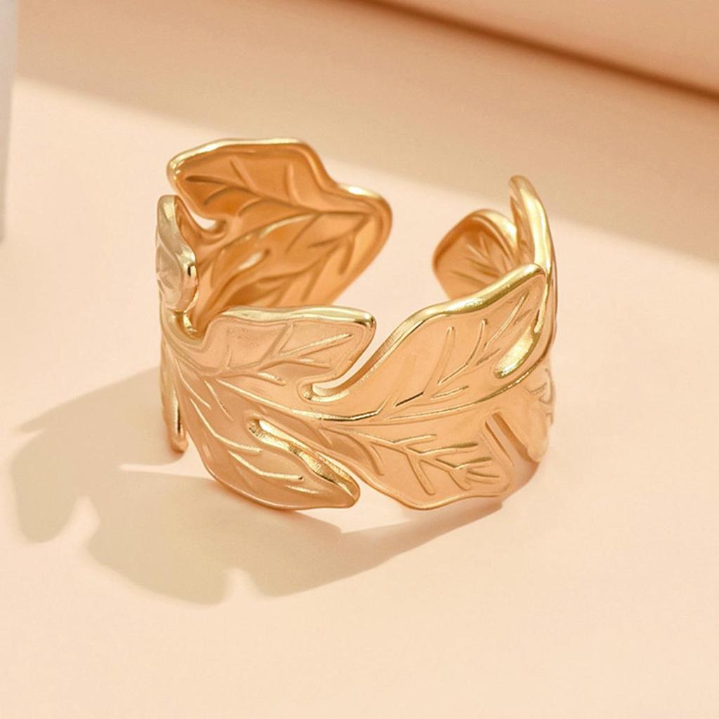 Gold-Plated Stainless Steel Open Ring - Women's Trendy Leaf Design