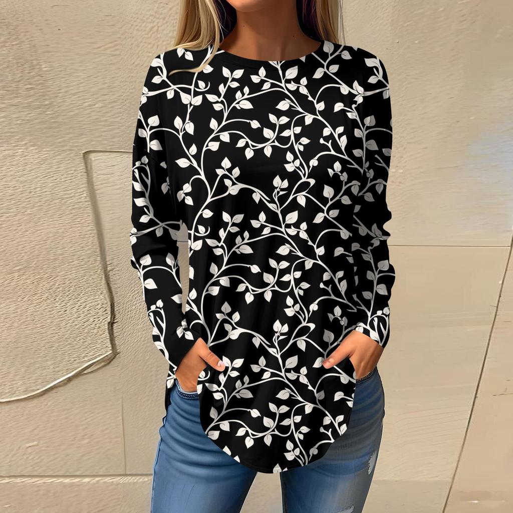 Women's  Loose Casual Flower Printed Round Neck Long Sleeved T Shirt Top Pullover Long Sleeved Sweatshirt
