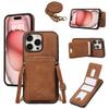 For iPhone 16 Pro Case Card Holder Kickstand Leather+TPU Phone Cover with Shoulder Strap