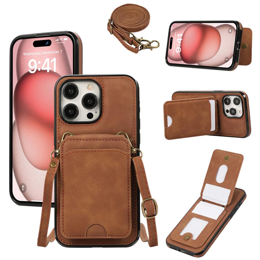 For iPhone 16 Pro Case Card Holder Kickstand Leather+TPU Phone Cover with Shoulder Strap