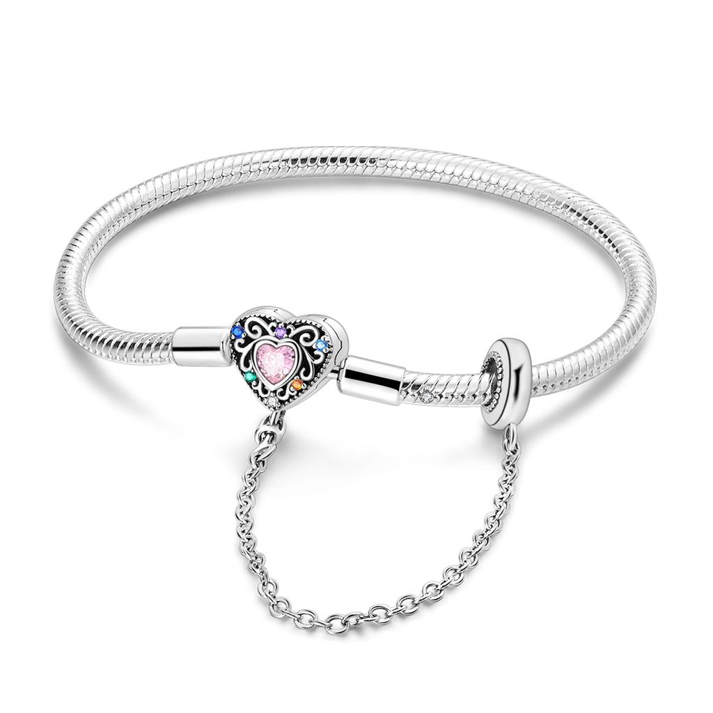 Charm Bracelet 925 Silver Heart Shape Holy Mother Snake Chain Clasp Bracelet Fit Original Bead DIY Fashion Jewelry