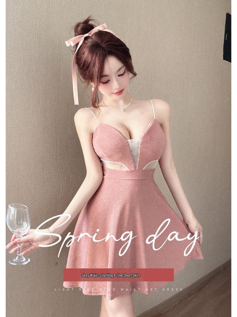 Women's Sexy Backless Spaghetti Strap Mesh Dress - Low-Cut, Summer Temperament, See-Through with Large Hem Skirt