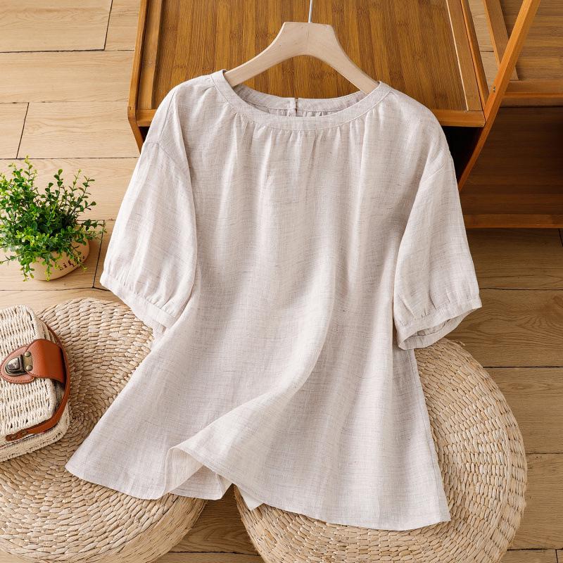 Women's Summer 2026 Imitation Han Linen Short-Sleeve T-Shirt - Artistic Solid Color Design