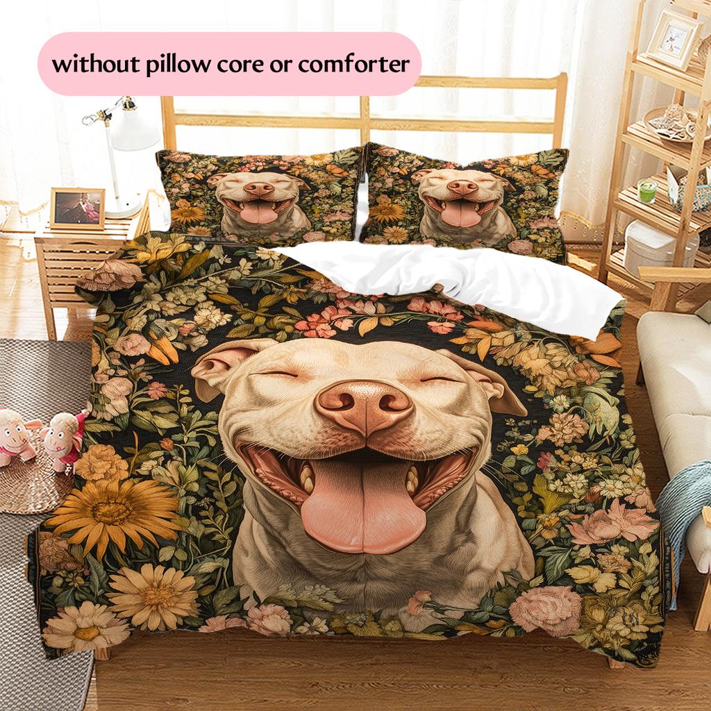 Happy Pitbull Pattern Bedding Home Decoration Birthday Gift (1 * duvet cover + 2 * pillowcase, without core)