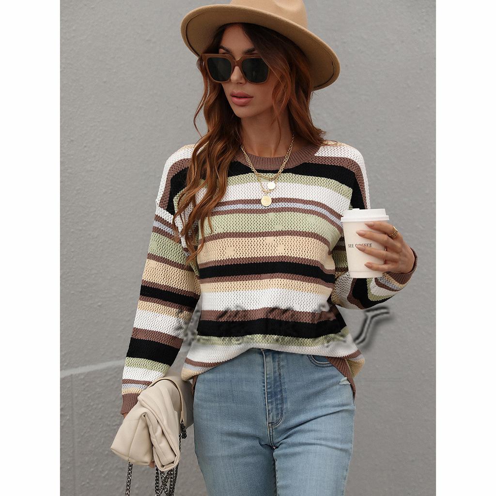 New sweater autumn and winter temperament commuter crew neck pullover striped knitted sweater European and American intercolored sweater women
