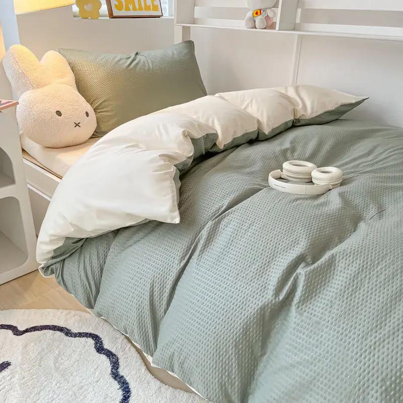 Ins Style Bedding Set Waffle Summer Student Dormitory Duvet Cover Set Bed Sheet Three Piece Set KING Queen
