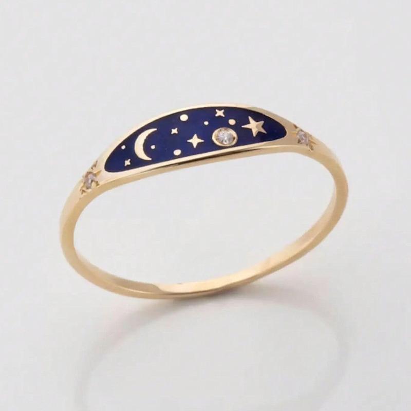 Creative Enamel Starry Night Rings for Women Romantic Star and Moon Promise Art Ring Jewelry Accessories Birthday Gift