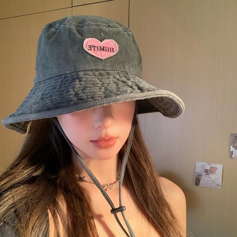 Pălării Cowboy Japoneze Retro Spălate pentru Femei Primăvară și Vară Camping în Aer Liber Protecție Solară Pălării Bucket Roz Dulce cu Inimă