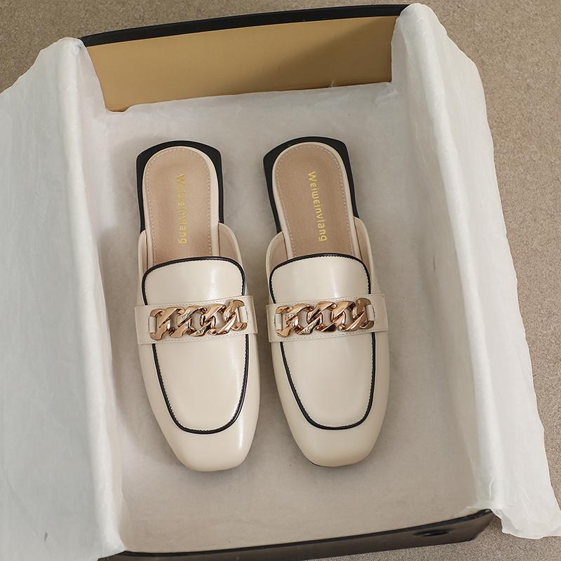 Spring Women New Slippers Flat Square Mule Outdoor Casual Shoes Korean Style Fashion Metal Chain Design Banquet And Office
