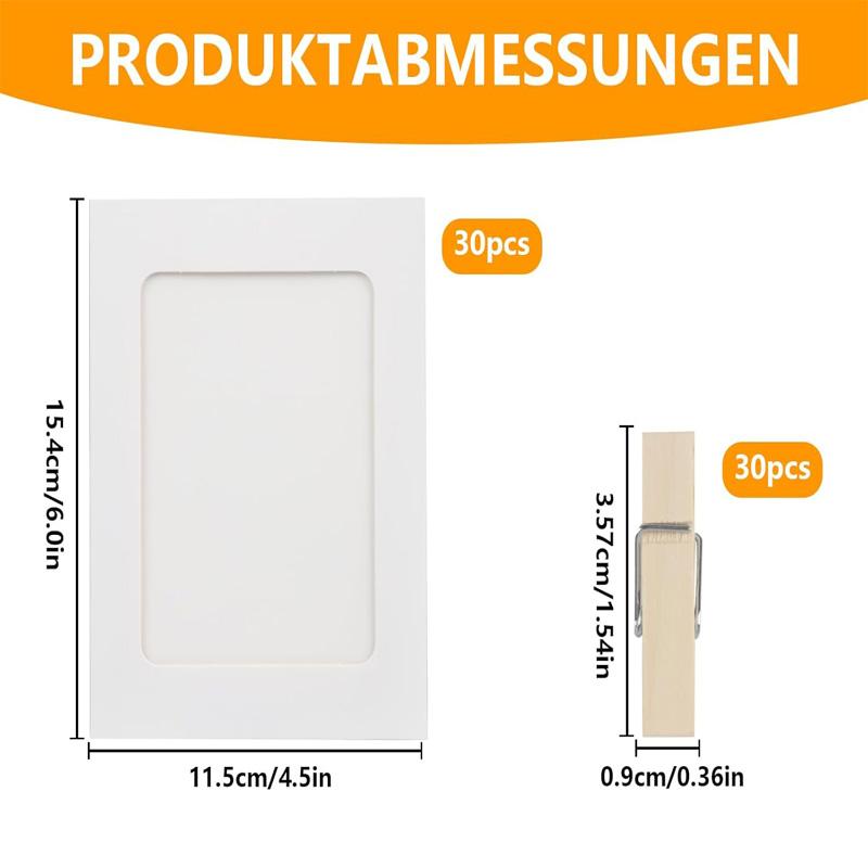30Pcs Combination Paper Frame Set 4x6 Inch Cardboard Picture Frames with 30 Wooden Clips and 3 Hemp Ropes Home Decoration Craft