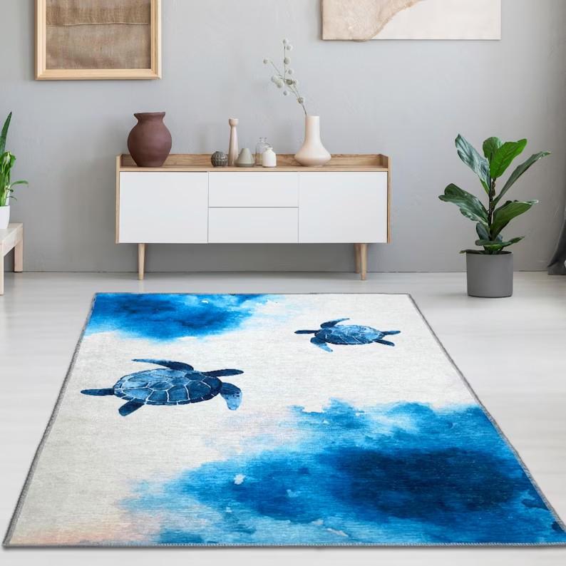 Blauwal Schwanz Teppich Blauer Aquarell Teppich Ozean Serie Teppich Walhai Schildkröte Teppich Fußmatte Geschenk für Ozeanliebhaber Teppich
