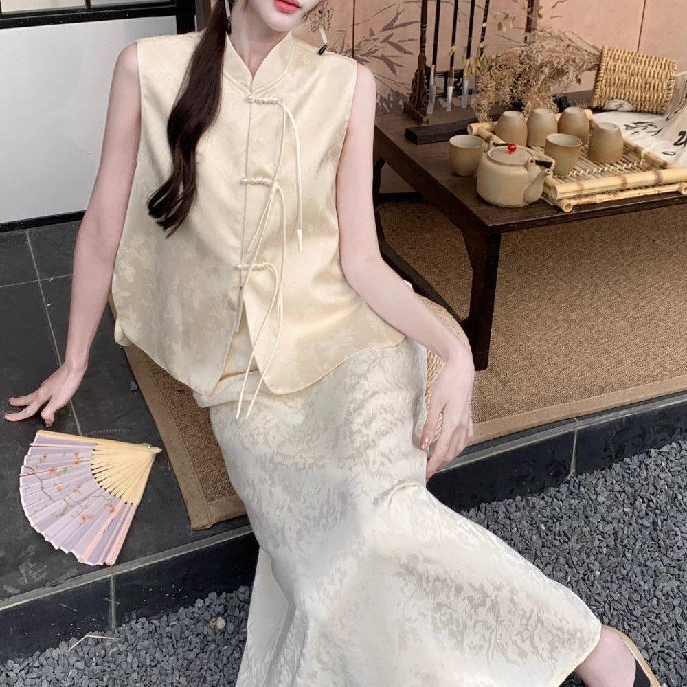 Elegant Summer Maxi Dress & Waistcoat Set with Chinese Frog Button Stand Collar
