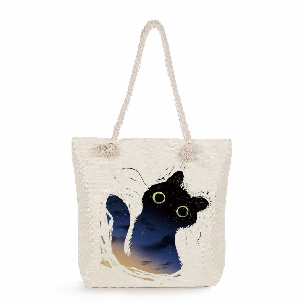 Cartoon cat print thick rope single-shoulder beach bag 7233