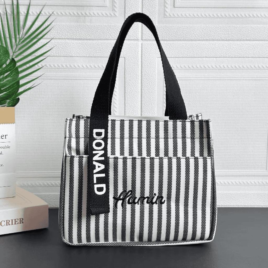 Striped Canvas Tote Bag with Zippered Outer Pocket – Versatile, Large-Capacity Bag for Women As Lunch, Mummy, or Work Bag