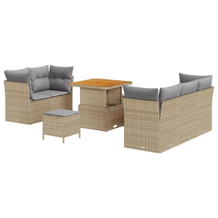 Ensemble de canapé de jardin 8 pièces avec coussins beige Poly Rattan Acacia, Ensemble de salle à manger jardin 3 pièces 3363377