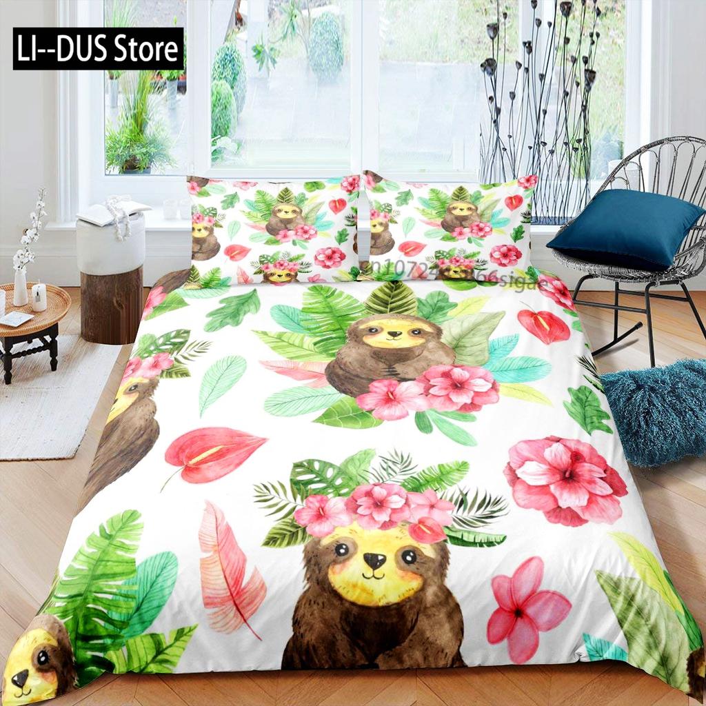 Sloth Duvet Cover Set Cartoon Character Sleeping on Branch Decorative 3 Piece Bedding Set with 2 Pillow Shams Queen Full Size