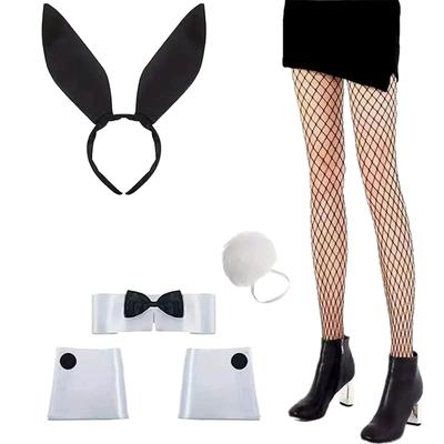 Women's Bunny Costume Set Ear Headband Bowtie Cuff Bunny Tail Stocking Cosplay Accessories For Easter Party