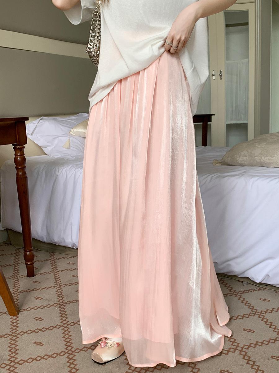 

French temperament fairy summer new fashionable versatile high waist elastic and thin A-shaped half-body big swing dress One size fits all рожевий