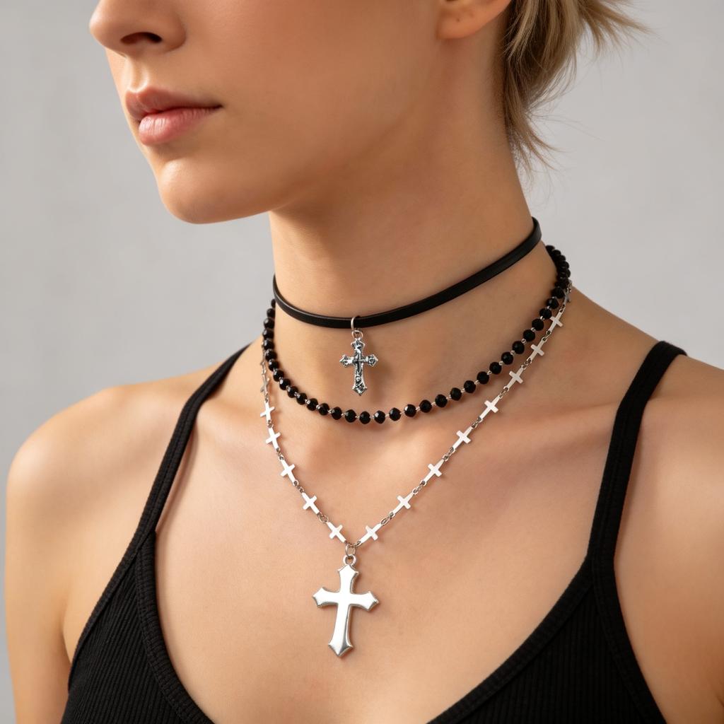Gothic Y2K Cross Pendant Multi Layer Bead Necklace For Women Men Vintage Punk Grunge EMO Charm Jewelry Gift