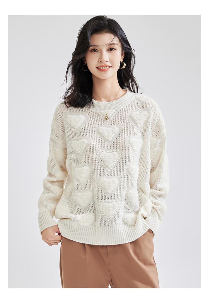 [Thick 100% Wool] Autumn/Winter Round Neck Long Sleeve Solid Color Triangle Love Women's Hoodie Wool Sweater
