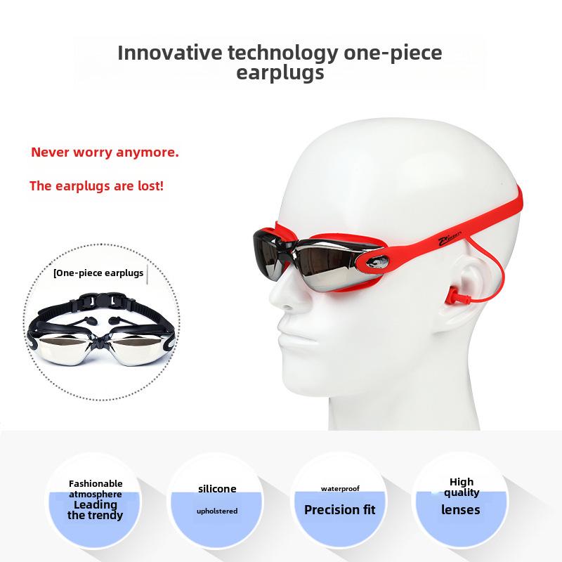 Ochelari de înot galvanizati HD pentru femei cu dopuri pentru urechi - roz, impermeabili, anti-aburire, prietenosi cu miopie.