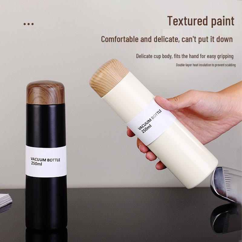 Portable Mini Stainless Steel Water Cup with Wood Grain Lid - Thermal & Cold Insulation, Cute for Student & Home Use.