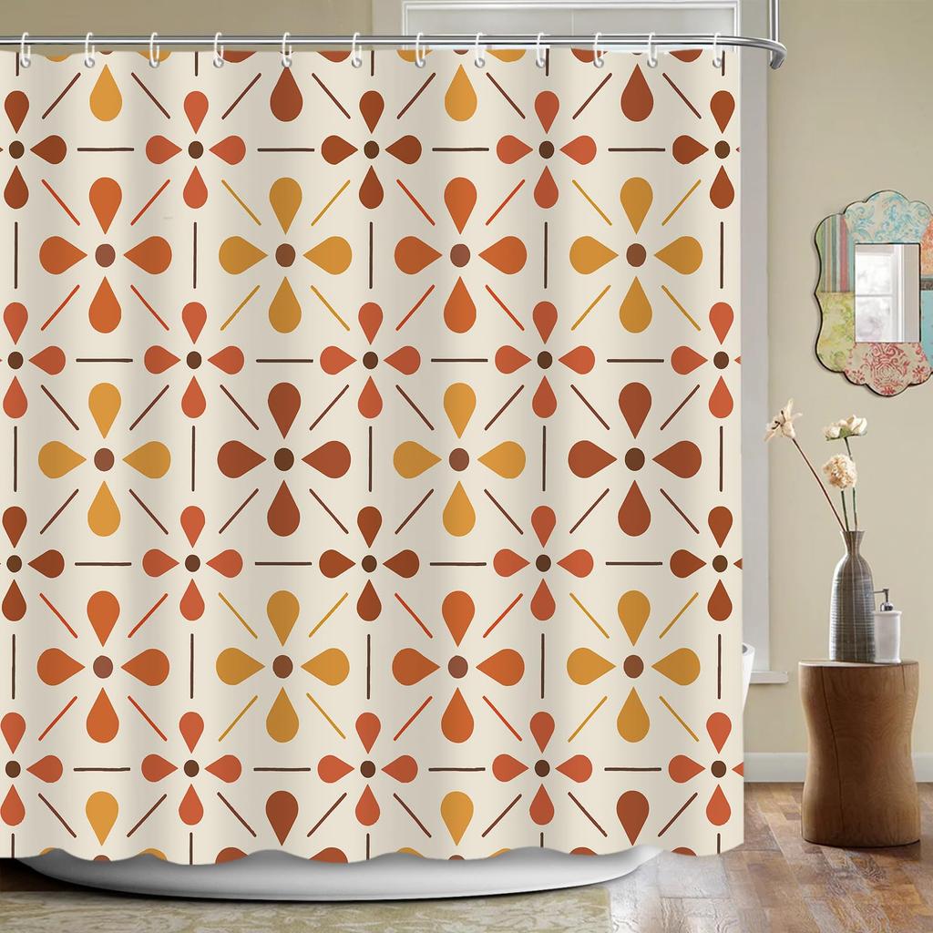 Mid Century Modern Shower Curtain, Geometric Abstract Bathroom Decor Set With Hooks, Waterproof Washable Retro Fabric Decor