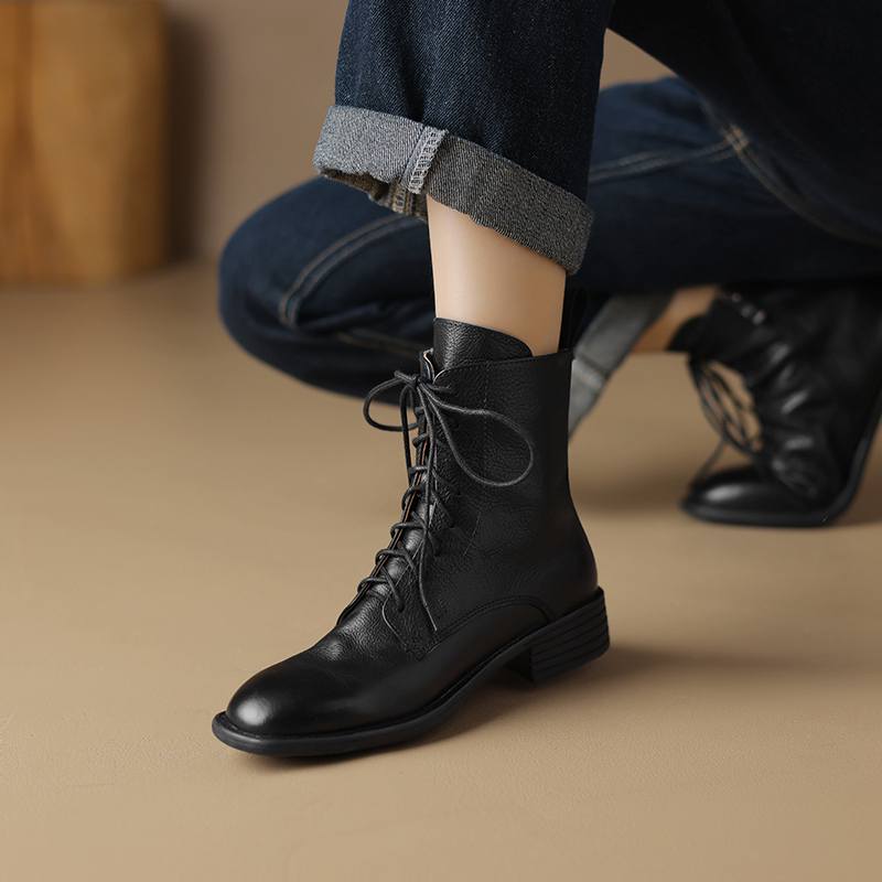 Krazing Pot Cow Leather Winter Round Toe Thick Low Heels Western Boots Women Lace Up Retro Ankle Boots