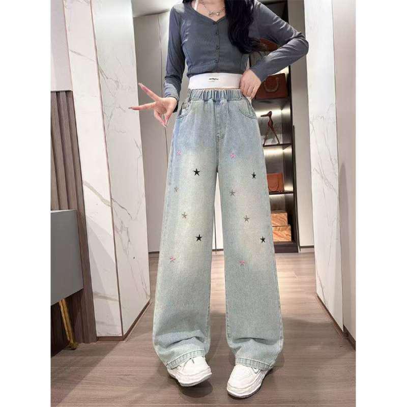 

Women s High Waist Embroidered Star Jeans - Straight, Wide Leg, Loose, Floor-Length, Slimming, Retro Style Extra Large синій