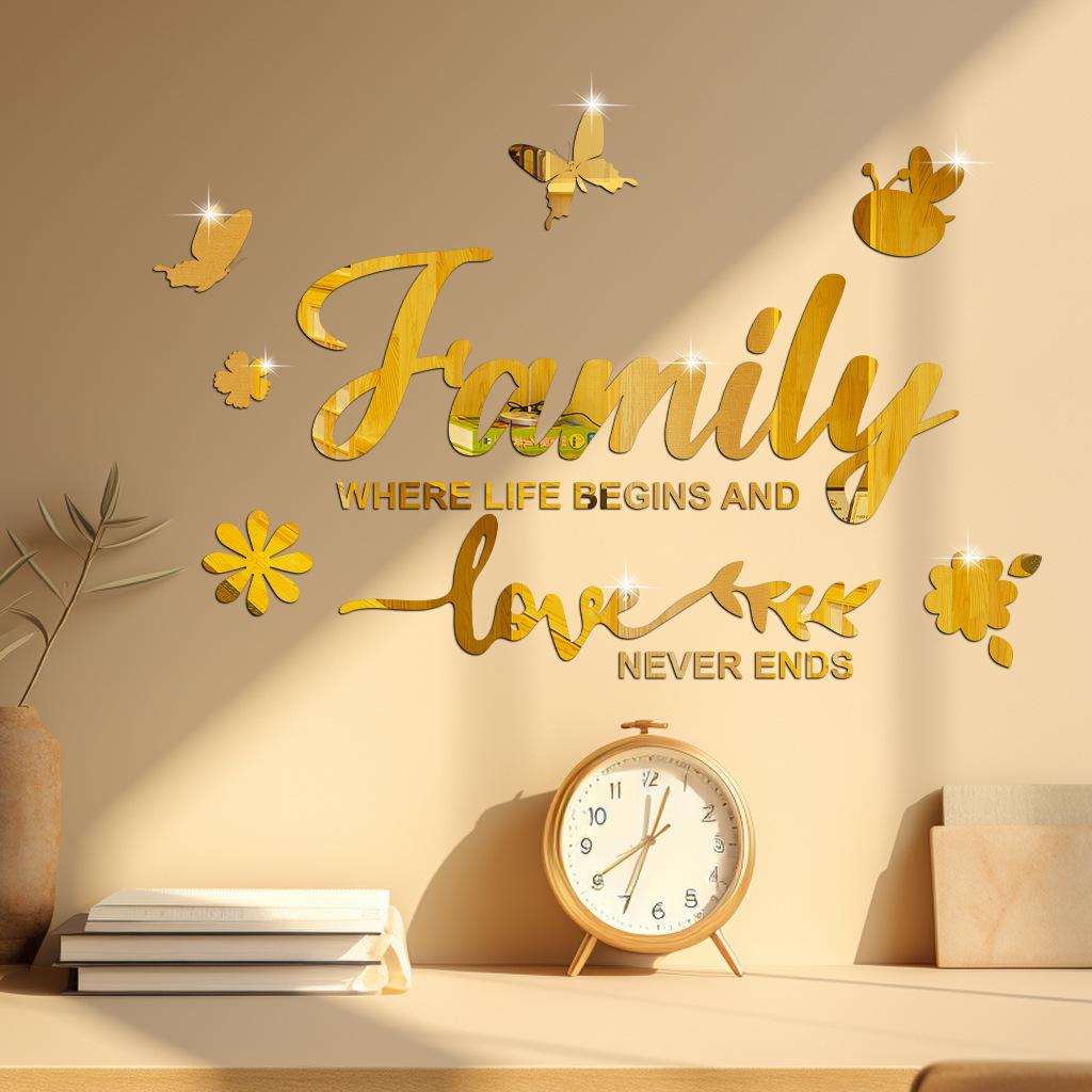 Family Letter Mirror Wall Stickers 3D Acrylic Wall Decal DIY Removable Wall Art Decor Butterfly Mural Stickers for Home Decor