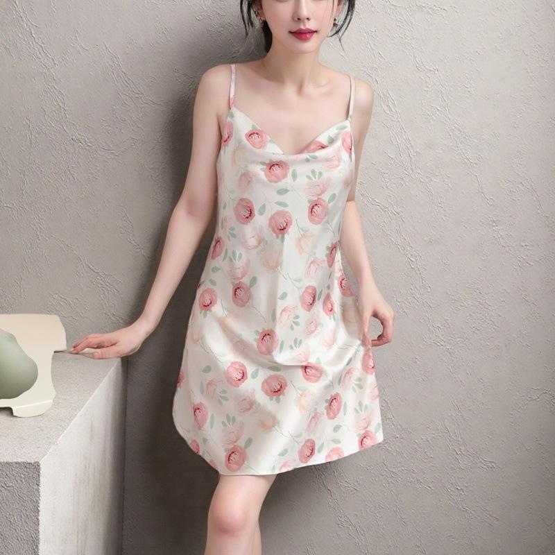 Ice and snow pajamas spring and summer women's sexy suspender vest nightdress thin swing neck print