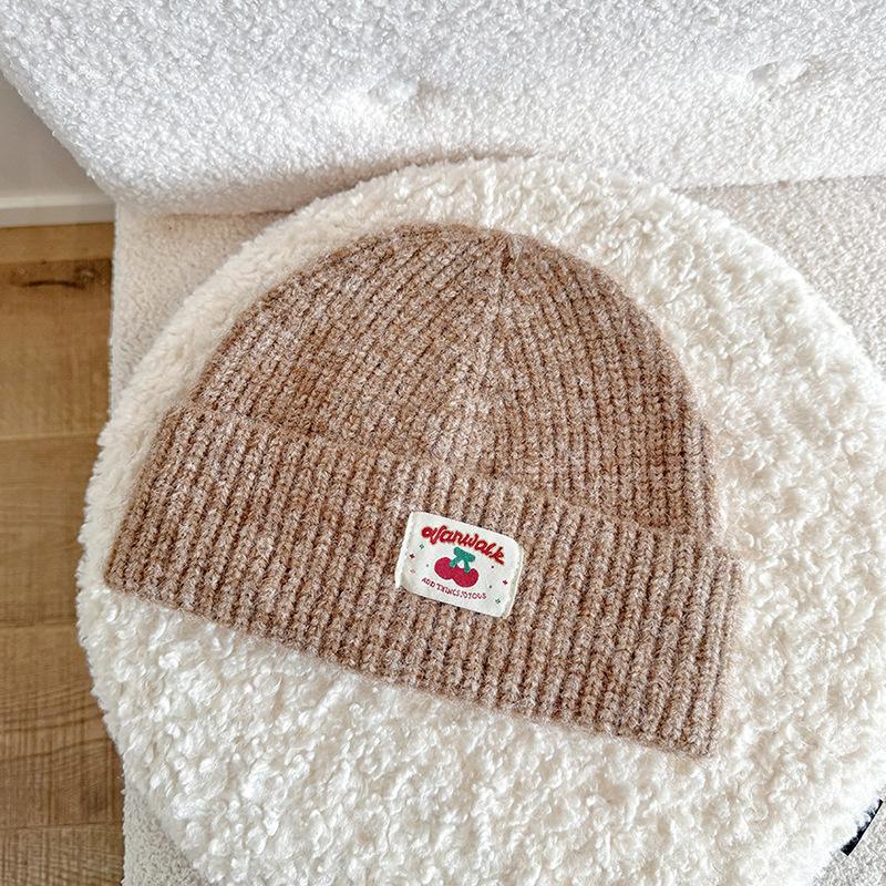 Autumn and Winter Embroidered Cloth Label Cherry Woolen Hat Korean Style Simple Face Showing Small Cold Hat Ear Protection Pullover Head Woolen Hat