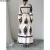 MODIQUE 2025 Spring New Women's Elegant Print Lapel Elastic Waist Belt Long Dress Ladies Casual A-Line Long Sleeve Dress