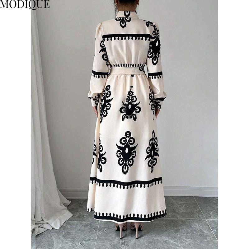 MODIQUE 2025 Spring New Women's Elegant Print Lapel Elastic Waist Belt Long Dress Ladies Casual A-Line Long Sleeve Dress