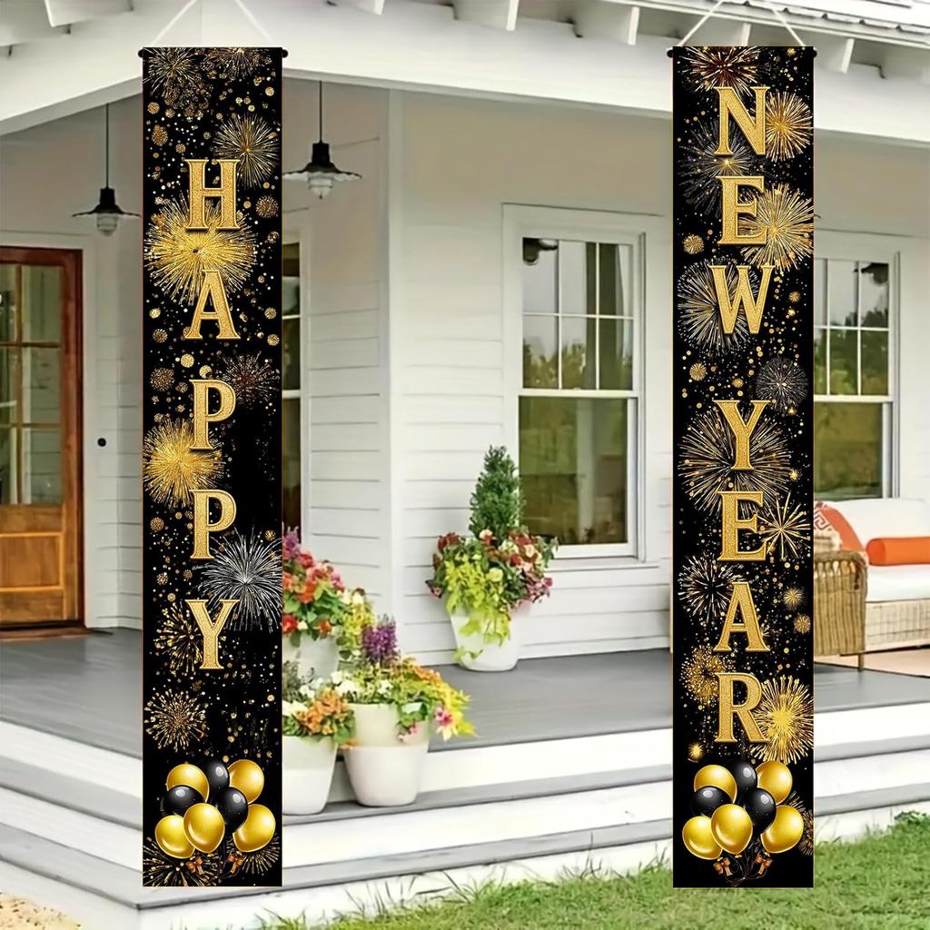 New Year Banners for Outside 12x71 Inches Happy New Year Porch Decorations Gold Letter Door Hanging Signs Party Porch Decor for Indoor Outdoor