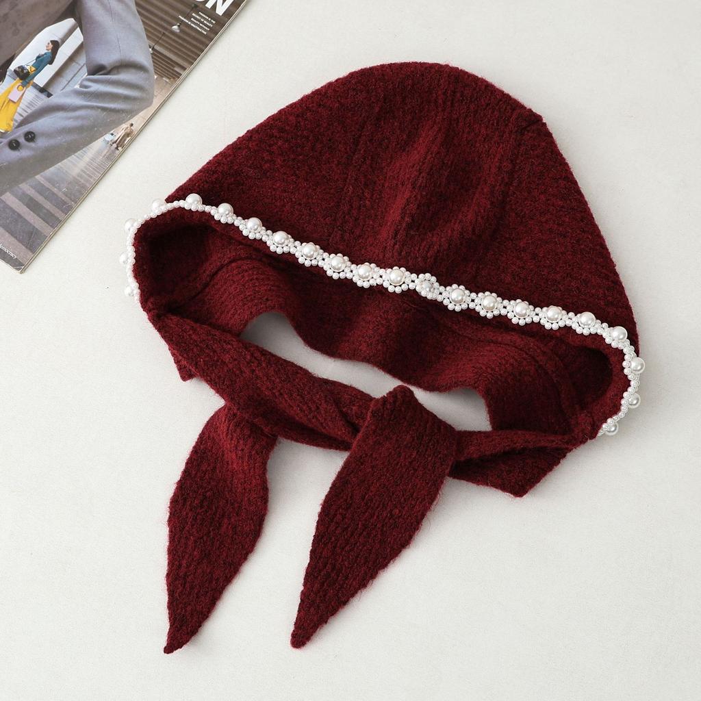 Balaclava hat pearl bead ear protection strap design women's autumn and winter warm wool cute bag head hat