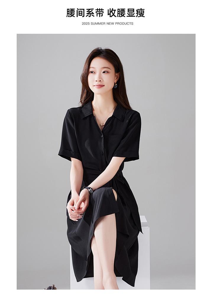 100% mulberry silk short sleeved shirt for women, versatile for summer commuting in 2026, medium to long length silk shirt for women