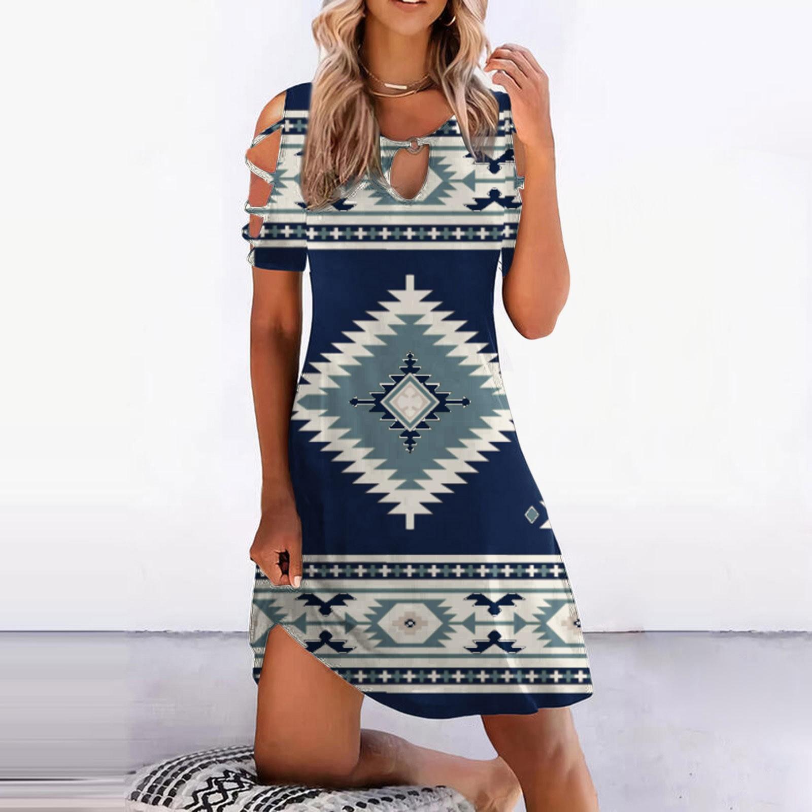 

Женское повседневное свободное платье с винтажным принтом и круглым вырезом с открытыми плечами и короткими рукавами L синий