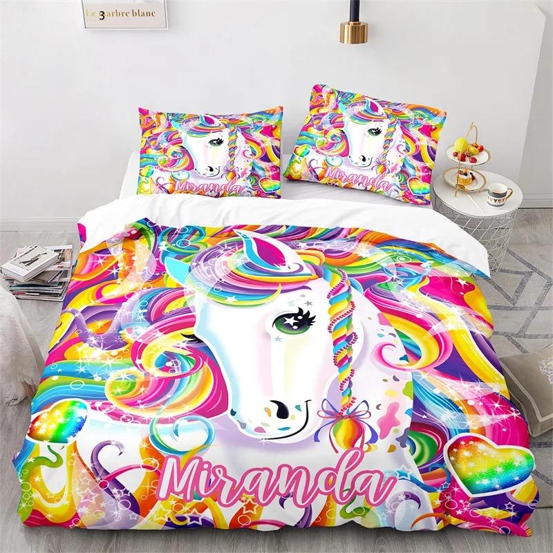 Cartoon Unicorn Floral Rainbow Girl's Eyelash Bedding Set Boys Girls Twin Queen Size Duvet Cover Pillowcase Bed Kids Adult