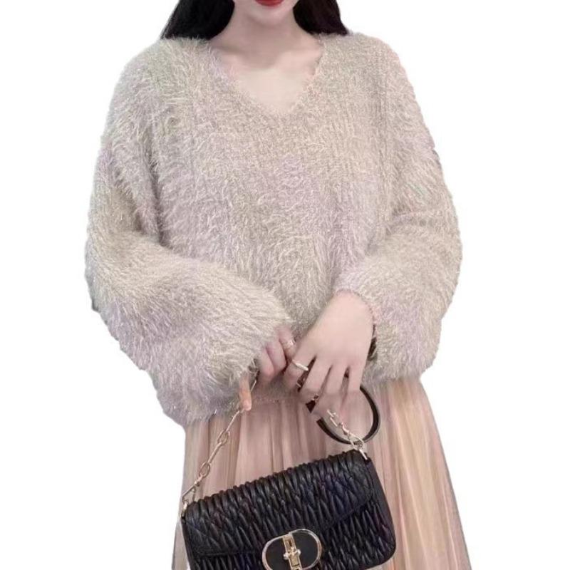 Imitation mink velvet v-neck soft waxy knitted sweater top autumn and winter new casual fashion outer with bright silk pullover sweater women