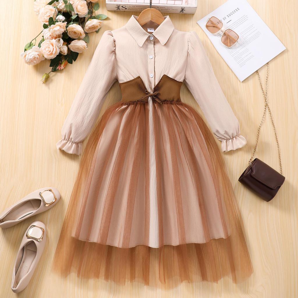 Girls' Long-Sleeve Mesh Patchwork Dress with Waistband and Turn-Down Collar