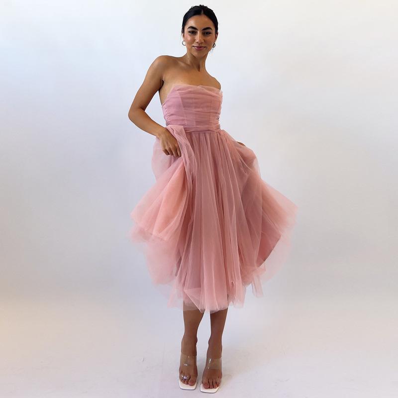 Nuovo Vestito Tubolare Senza Maniche in Rete con Stecche di Pesce Gonna a Vita A-Line da Donna Vestito per Festa di Compleanno Primaverile